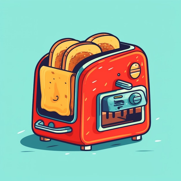 Kreskówkowy rysunek tostera z tostami w środku.