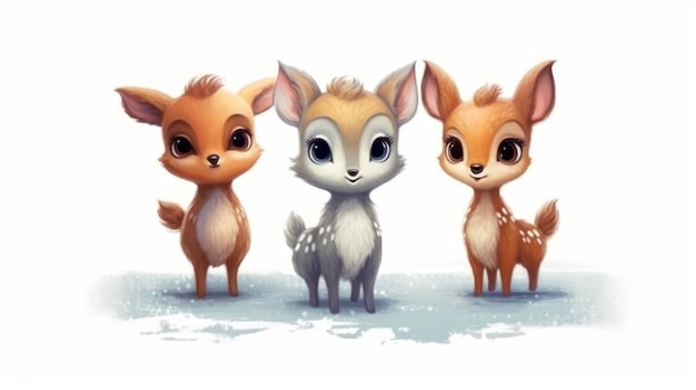 Kreskówkowy rysunek trzech małych jeleni i małego jelenia