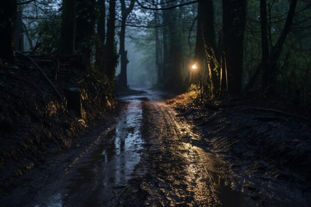 Kręta, wąska, błotnista droga w ciemnym lesie.