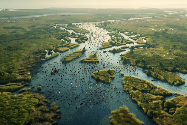 Krętająca się delta rzeki żywa z migrującymi ptakami o