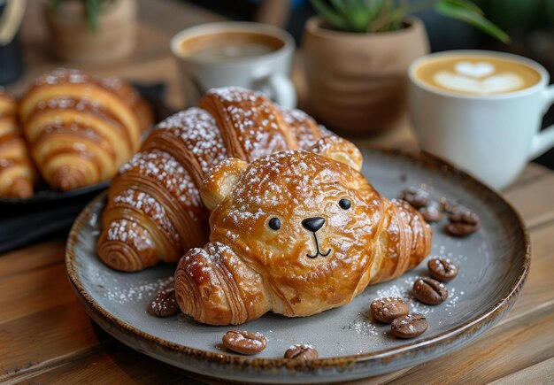 Kroissant w kształcie kota i filiżanka kawy na drewnianym stole