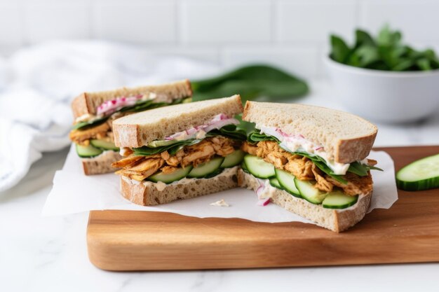 Krojenie kanapki z tempeh na pół na marmurowym blacie