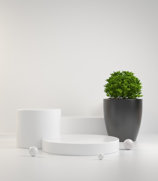 Krok nowoczesny minimalny czysty biały podium z zielonym streszczenie roślin
