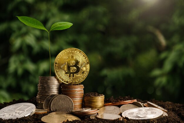Krok Wzrostu Roślin Na Monety Koncepcja Finanse I Księgowość Kryptowaluta Litecoin Bitcoin Ethereumxa