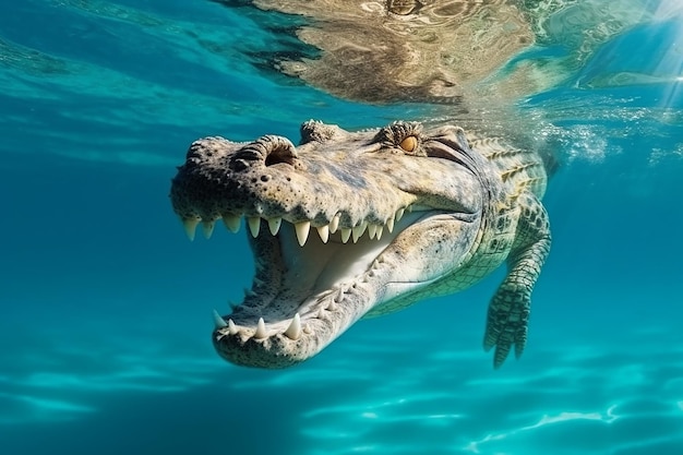 Krokodyl pływa pod wodą z otwartymi ustami.