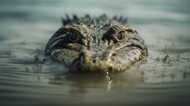 Krokodyl pływa w jeziorze.