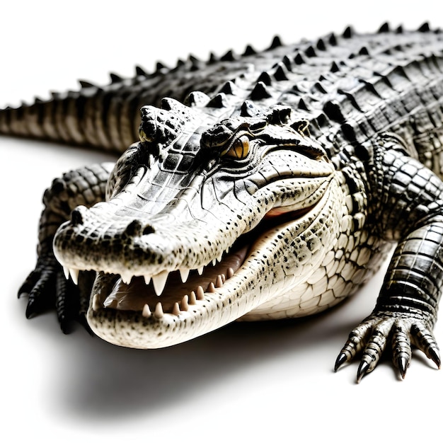 krokodyl z czerwonymi oczami i żółtymi oczami leżącymi na białej powierzchni