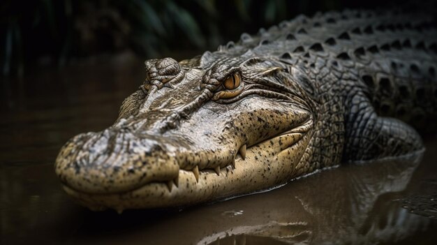 Zdjęcie krokodyl z żółtymi oczami i otwartymi ustami na zielonym tle.