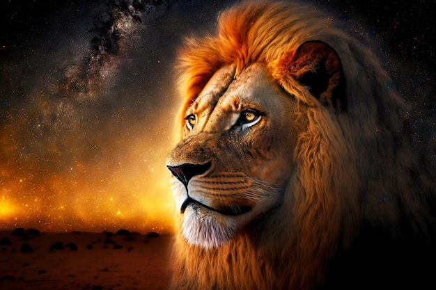 Król lew simba portret przeciw ciemnemu niebu