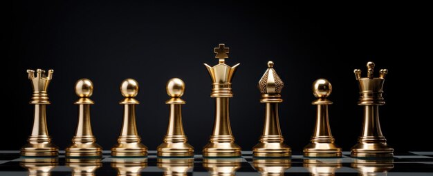 Król stoi sam z kilkoma figurkami szachowymi za sobą.