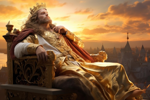 Król Z Koroną Na Balkonie Zamku Królestwa Zachód Słońca W Tle Generatywna Sztuczna Inteligencja