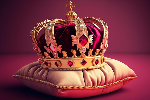 Królewska złota korona z cennymi rubinami i diamentami na poduszce