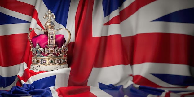 Królewska złota korona z klejnotami na brytyjskiej fladze Symbole UK Wielka Brytania