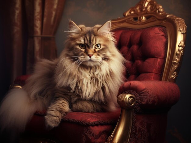 Zdjęcie królewski kot pozujący na luksusowym krześle