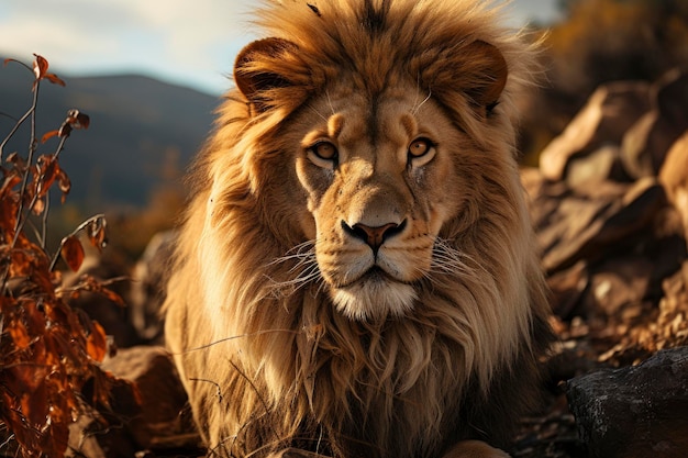 Królewski lew obserwuje swoje terytorium z skał