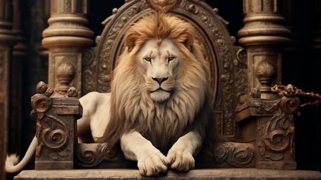 Królewski lew siedzący na tronie w zbliżeniu Generatywna sztuczna inteligencja