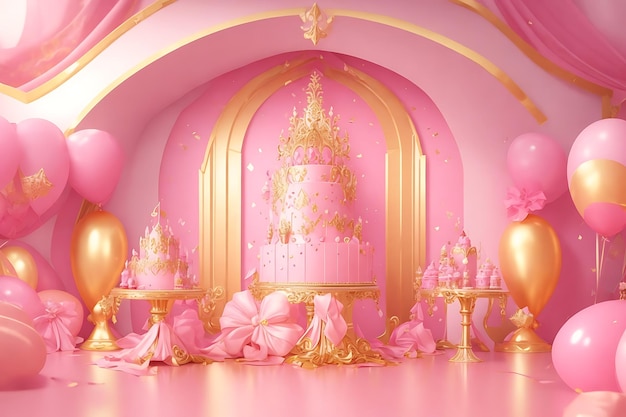 Królewskie urodziny 3D ilustracja tła z olśniewającymi różowo-złotymi kolorami