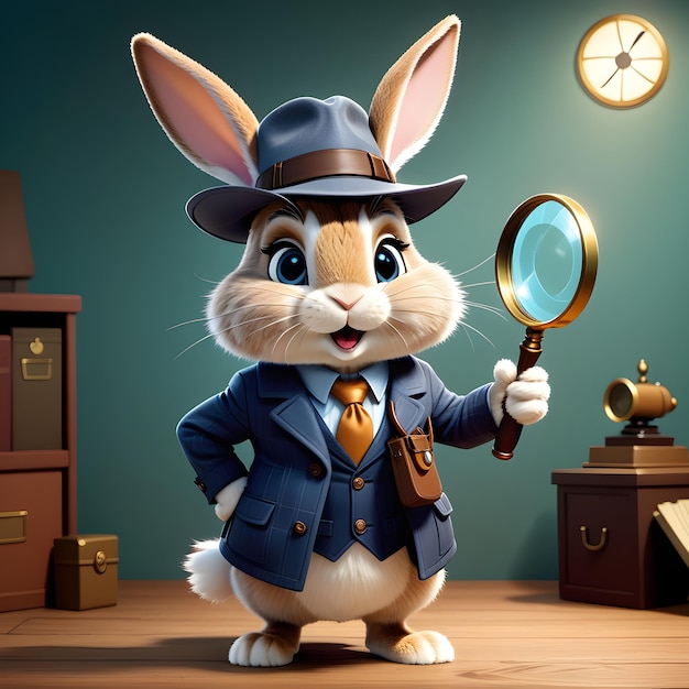 Zdjęcie króliczek detektyw ze szkłem powiększającym w pokoju
