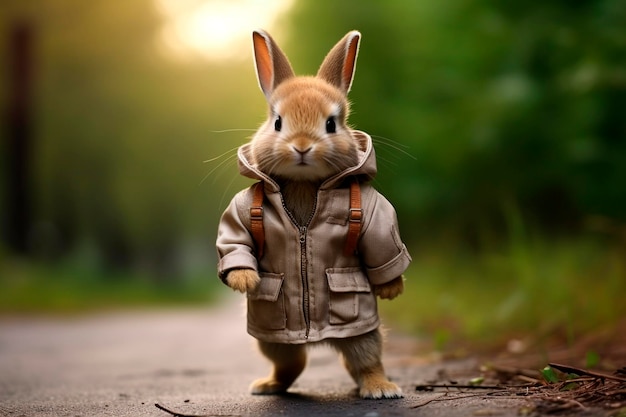 Zdjęcie króliczek w kurtce stojący na drodze na tylnych łapach z rozmazanym tłem zielonych drzew