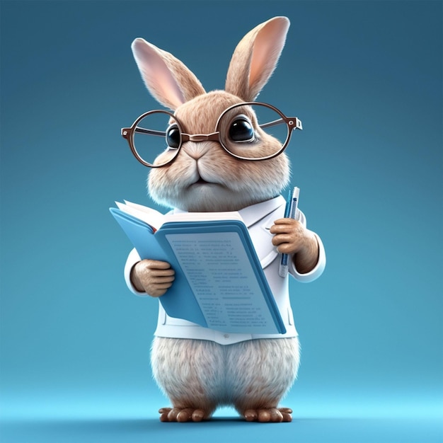 Zdjęcie króliczek w okularach trzyma w ręku książkę i długopis.