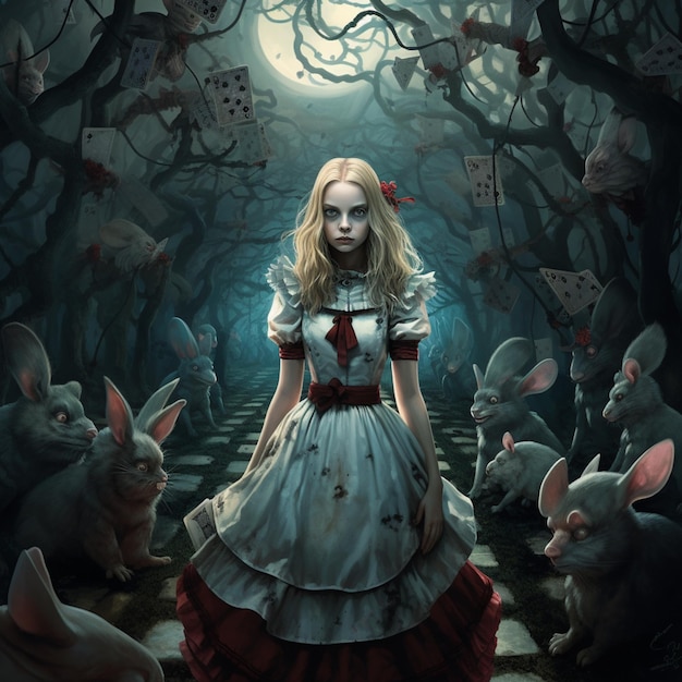 Królik Alicja stoi w ciemnym lesie z generatywną ai królików