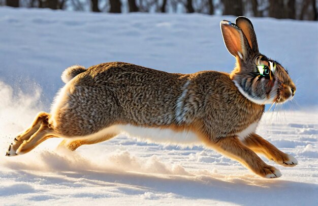 Zdjęcie królik biegający na tle ścieżki pustynna natura dzikie zwierzęta i śnieg