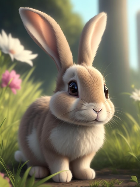 Królik cyfrowy obraz uroczy królik z kwiatami