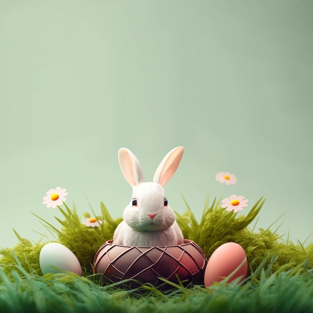 Królik i dekoracyjne jajka na zielonym trawniku i kwiatach na wielkanocną uroczystość tło karta z pustą przestrzenią