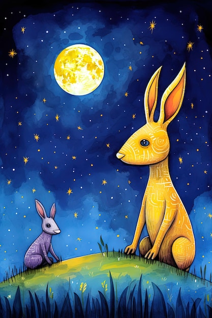 Zdjęcie królik i królik są na wzgórzu pod księżycem.