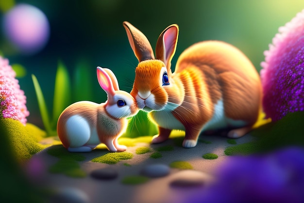 Królik i królik stoją na polu.