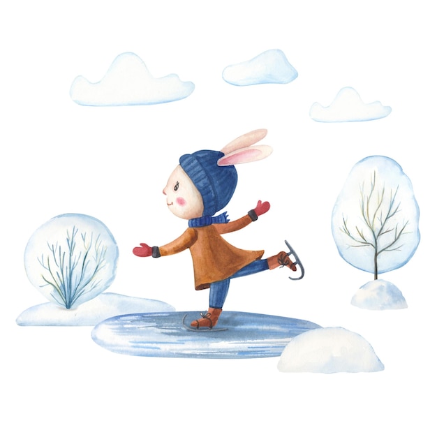 Zdjęcie królik jeździ na łyżwach w zimie akwarela ilustracja z zającem dla dzieci akwarela