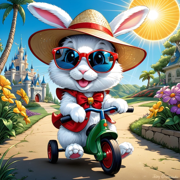 Zdjęcie królik jeździ rowerem z okularami przeciwsłonecznymi.