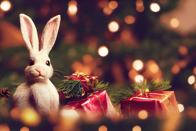 Królik na Boże Narodzenie Śliczny królik na tle bożonarodzeniowych świateł 3d render Raster illustration
