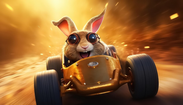 Królik na samochodzie wyścigowym i okularach idzie szybko koncepcja Wielkanocna