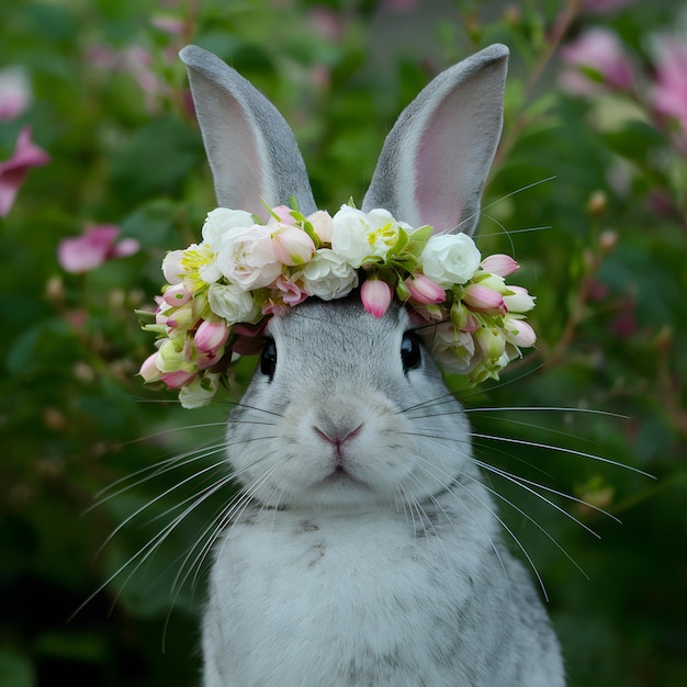 Zdjęcie królik nosi wieniec z kwiatami emitujący urok i urok dla mediów społecznościowych