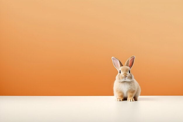 Zdjęcie królik siedzi na stole przed pomarańczowym tłem.