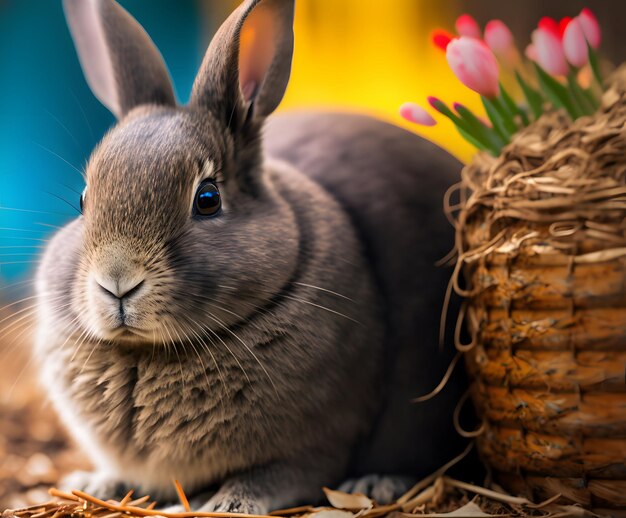 Królik siedzi obok kosza tulipanów.