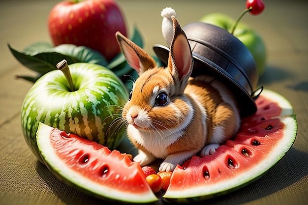 Zdjęcie królik siedzi wśród jabłek arbuzowych i truskawek i cieszy się pysznym jedzeniem