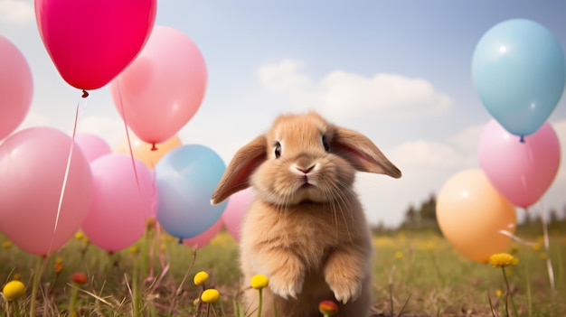 królik stojący na polu z balonami