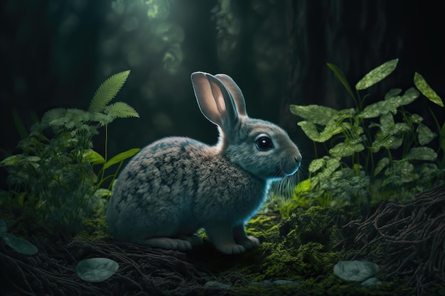 Królik symbol chińskiego nowego roku siedzi w leśnej trawie Magiczny bajkowy leśny królik w zielonej roślinności zbliżenie 3d ilustraci