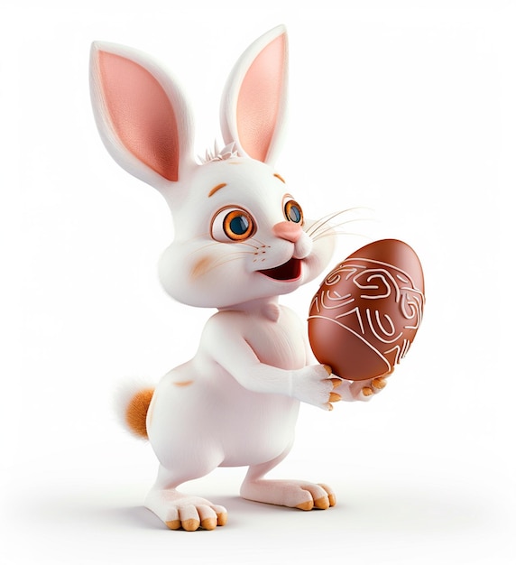 Zdjęcie królik trzymający 3d czekoladowe jajko na białym tle