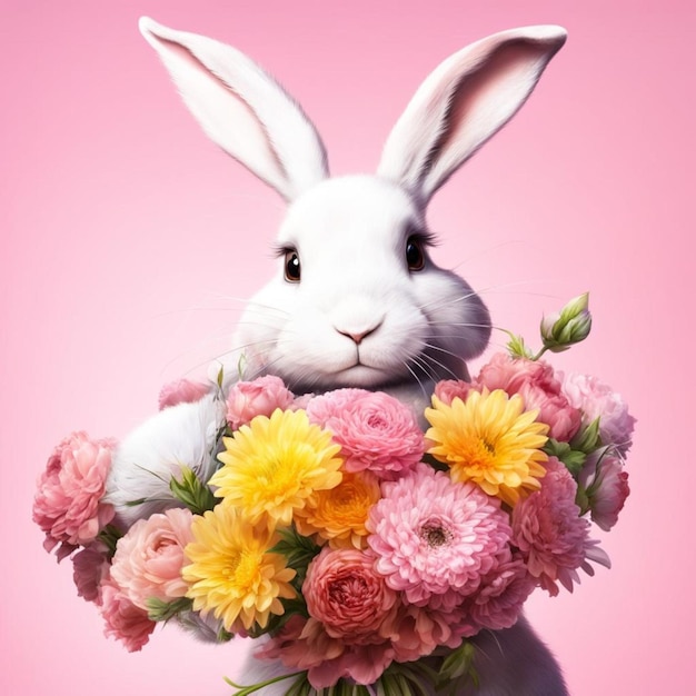 królik trzymający bukiet kwiatów na różowym tle