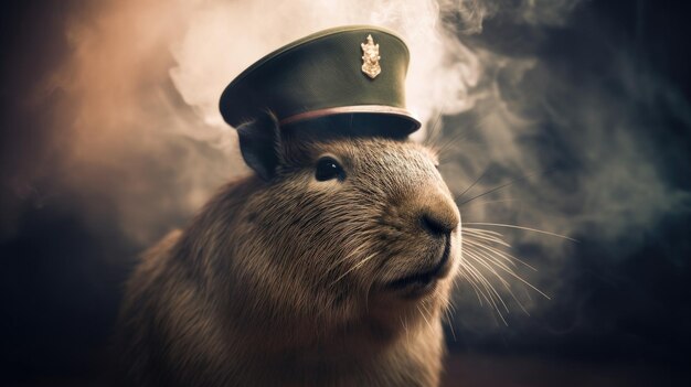 Zdjęcie królik w kapeluszu z napisem „strażnik”.