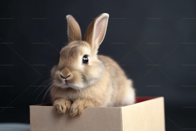 Zdjęcie królik w kartonowym pudełku na czarnym tle