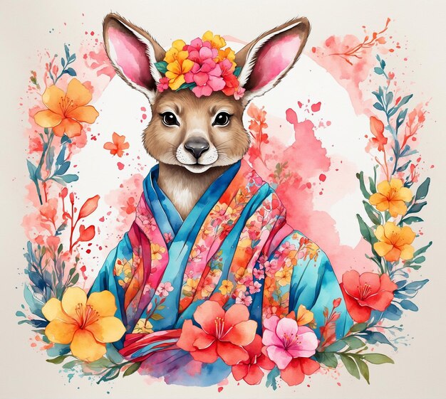 Królik w kimono z kwiatami Ilustracja akwarelowa