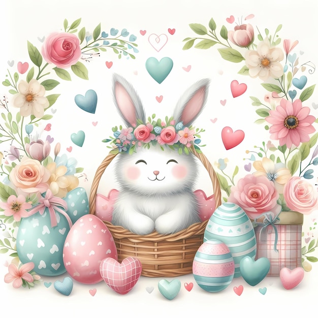 królik w koszu z kwiatami i królik na tle