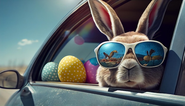 Królik w okularach przeciwsłonecznych i jajku wielkanocnym siedzi w samochodzie