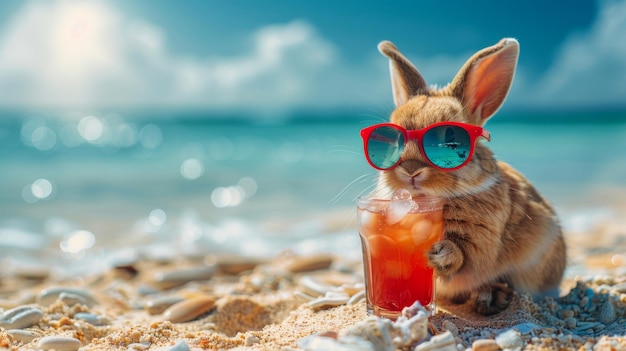 Królik w okularach przeciwsłonecznych pije na plaży