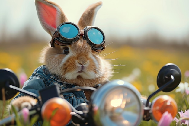 Zdjęcie królik w okularach siedzący na motocyklu