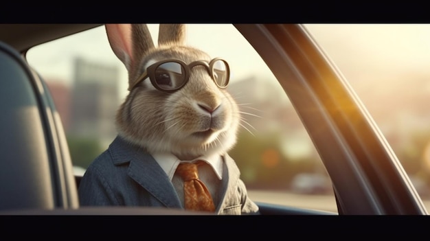 Zdjęcie królik w samochodzie w okularach przeciwsłonecznych patrzy przez okno generatywna sztuczna inteligencja